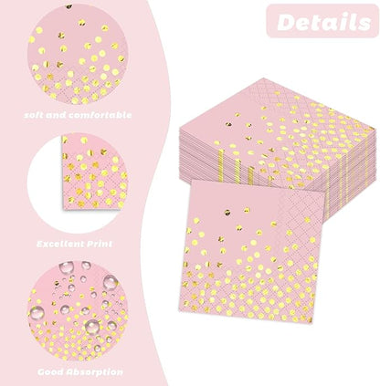 100 Pack 13x13 Inch Disposable Pink and Gold Paper Napkins for Wedding,Birthday,Party