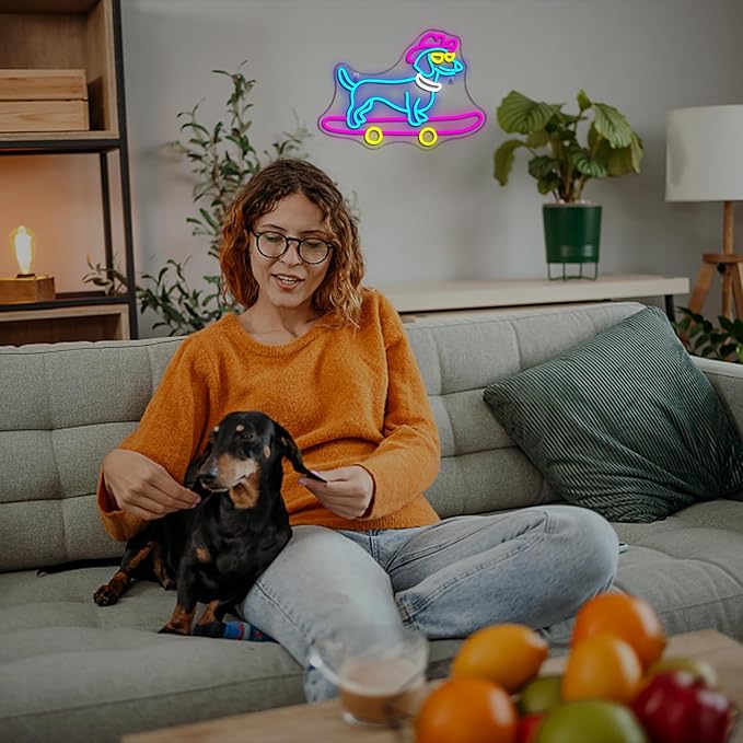 Lucunstar Dachshund Neon Sign Skateboard Dog Neon Light up Sign USB Adjustable Neon Lights Art Wall Decor LED Sign for Bedroom Shop Pet Lovers Gift