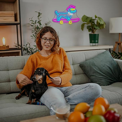 Lucunstar Dachshund Neon Sign Skateboard Dog Neon Light up Sign USB Adjustable Neon Lights Art Wall Decor LED Sign for Bedroom Shop Pet Lovers Gift