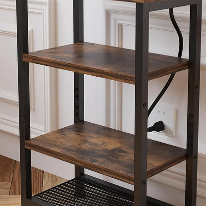 Narrow Nightstand with 4-Tier Shelves, Small Side Table with Charging Station, Skinny Nightstand with Bookshelf, Thin End Table with USB Ports and Outlets, Bed Side Table for Bedroom, Home Office