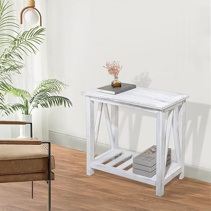 Farmhouse Narrow End Table Wooden Rustic White Side Tables with Storage Shelves Narrow Sofa Table for Small Spaces Living Room Bedroom Bathroom Dorm