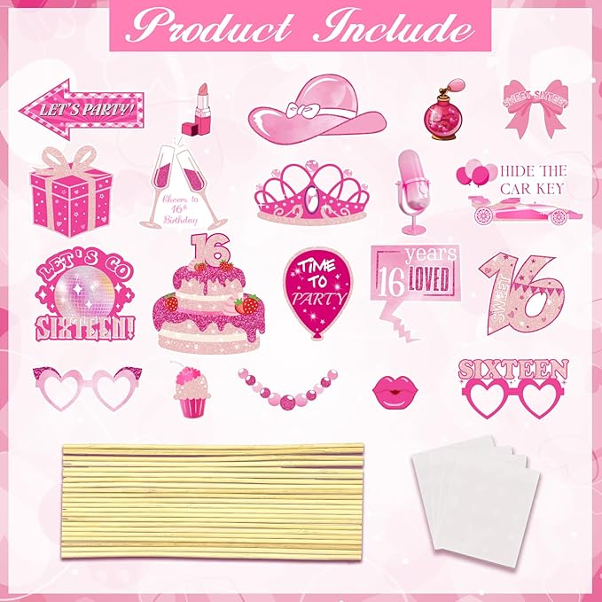 16th Birthday Party Photo Booth Props, Hot Pink Photo Booth Props for Girls 16th Birthday, Sweet Sixteen 16th Happy Birthday Party Decorations Supplies Favors