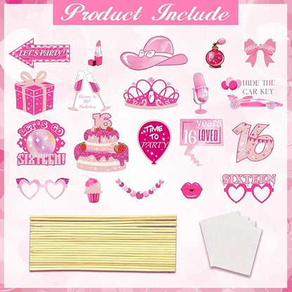 16th Birthday Party Photo Booth Props, Hot Pink Photo Booth Props for Girls 16th Birthday, Sweet Sixteen 16th Happy Birthday Party Decorations Supplies Favors