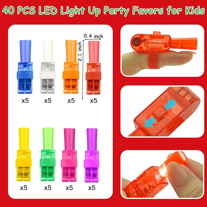 40PCS Christmas Party Favors for Kids,Christmas LED Light Up Finger Lights Glow in the Dark Party Favors for Kids, Classroom Prizes Trick or Treats Gifts