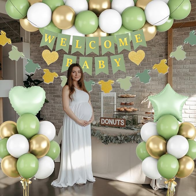 Sage Green Baby Shower Decorations Olive Green Gold White Oh Welcome Baby Balloon Set with Star Heart Foil Balloons Shower Bunting Banner Bodysuit Garland Neutral Gender Reveal Party for Boys Girls