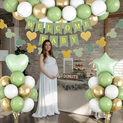 Sage Green Baby Shower Decorations Olive Green Gold White Oh Welcome Baby Balloon Set with Star Heart Foil Balloons Shower Bunting Banner Bodysuit Garland Neutral Gender Reveal Party for Boys Girls