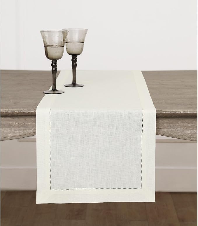 Solino Home Linen Ivory Table Runner 120 Inches Long - 100% Pure Linen 14 x 120 Inch Table Runner for Fall, Autumn, Christmas, New Year - Classic Hemstitch