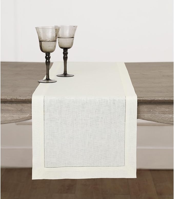 Solino Home Linen Ivory Table Runner 60 Inches - Classic Hemstitch, 100% Pure Linen Coffee Table Runner 14 x 60 Inch Ideal for Dresser Tables - Fall, Christmas, Holiday, New Year