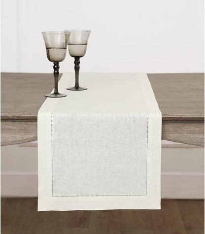 Solino Home Linen Ivory Table Runner 60 Inches - Classic Hemstitch, 100% Pure Linen Coffee Table Runner 14 x 60 Inch Ideal for Dresser Tables - Fall, Christmas, Holiday, New Year