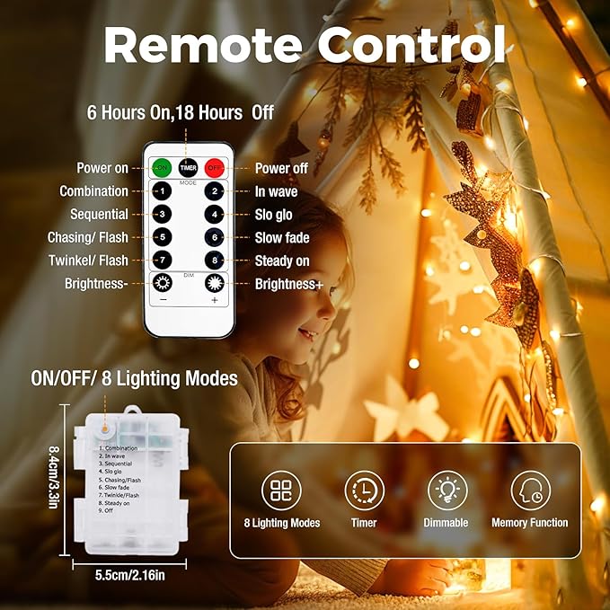 6 Pack 33FT 100 LED Fairy String Lights Battery Operated with Remote and Timer, IP65 Waterproof Battery String Lights, 8 Modes Copper Wire Twinkle Lights for Outdoor Indoor Bedroom Christmas Decor