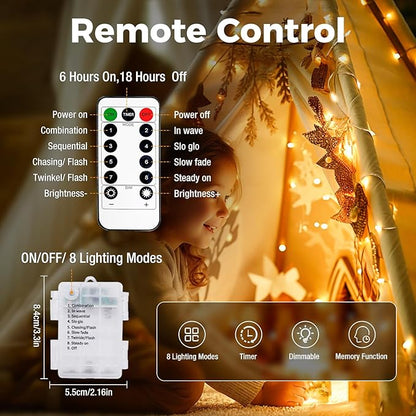 6 Pack 33FT 100 LED Fairy String Lights Battery Operated with Remote and Timer, IP65 Waterproof Battery String Lights, 8 Modes Copper Wire Twinkle Lights for Outdoor Indoor Bedroom Christmas Decor