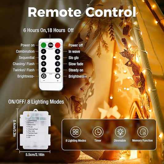 6 Pack 33FT 100 LED Fairy String Lights Battery Operated with Remote and Timer, IP65 Waterproof Battery String Lights, 8 Modes Copper Wire Twinkle Lights for Outdoor Indoor Bedroom Christmas Decor