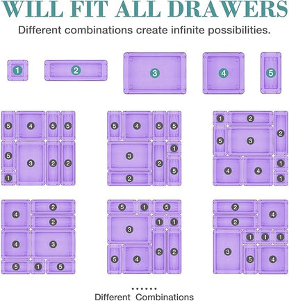 16 PCS Drawer Organizer Set, 5 Varied Size Bathroom and kitchen Drawer cabinet organizer Trays, Clear Storage Bins for Makeup, Jewelry, Utensils and Gadgets, Purple