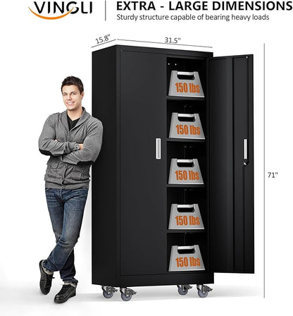 VINGLI Rolling Metal Storage Cabinet with Adjustable Shelves, 71'' Tall Garage Storage Cabinet with Wheels, Locking Tool Cabinets for Home Office Garage Gym School (Black)