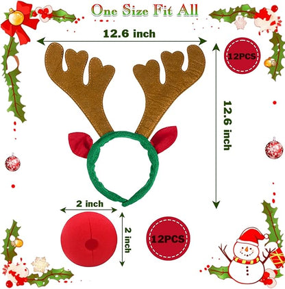 YUMUWBL 12 PCS Christmas Reindeer Antlers Headbands with 12 PCS Red Noses, Xmas Headbands Bulk Deer Headband with Ears, Xmas Antlers Hair Hoops for Christmas Party Holiday Decorations