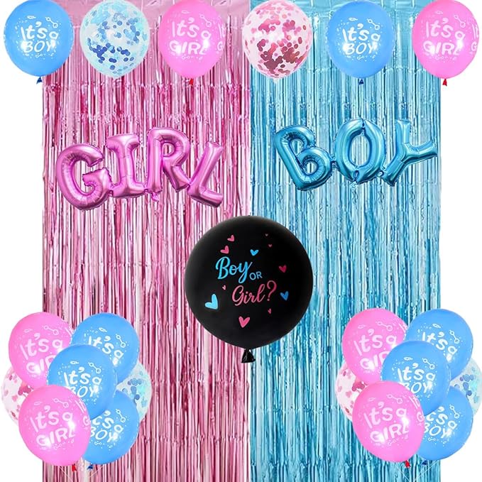 Boy Or Girl Gender Decorations - Pink And Blue Balloons With Fringe Curtains For Gender Reveal Party Photo Backdrop