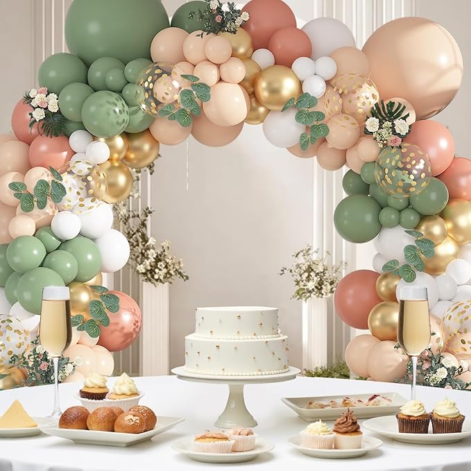 166Pcs Sage Olive Green Blush Peach Balloon Garland Arch Kit Orange White Green Gold Balloons Eucalyptus for Tropical Wedding Jungle Safari Greenery Baby Shower Birthday Party Decorations