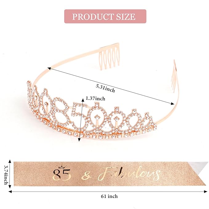 CIEHER 85th Birthday Crown, Sash + Pearl Pin Set - Gifts for Women, Decorations and Party Supplies