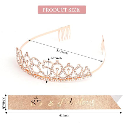 CIEHER 85th Birthday Crown, Sash + Pearl Pin Set - Gifts for Women, Decorations and Party Supplies