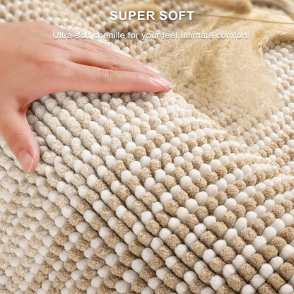 BSICPRO Bathroom Rugs and Mats Sets, 2 Piece Thick Absorbent Chenille Bath Mat Rug Set Non Slip, Soft Shaggy Bath Room Floor Mats for Bathroom, Machine Washable (20" x 32" Plus 16" x 24", Beige)