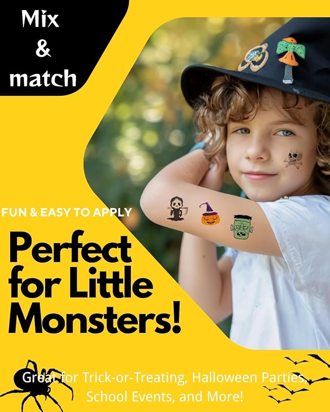 Halloween Temporary Tattoos for Kids - 144 Pack, 2" Size, Pumpkin, Skull, Ghost, Monster Designs | Boys & Girls Halloween Party Favors, 12 Unique Designs
