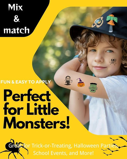 Halloween Temporary Tattoos for Kids - 144 Pack, 2" Size, Pumpkin, Skull, Ghost, Monster Designs | Boys & Girls Halloween Party Favors, 12 Unique Designs