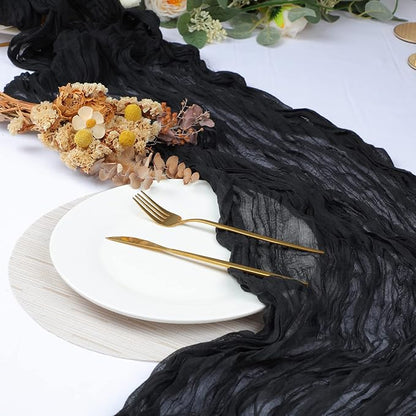 Snowkingdom 10 Ft Black Cheesecloth Table Runner, 120 inch Long Cheese Cloth Boho Gauze Runner for Wedding Bridal Baby Shower Birthday Holiday Party Sheer Halloween Table Decorations