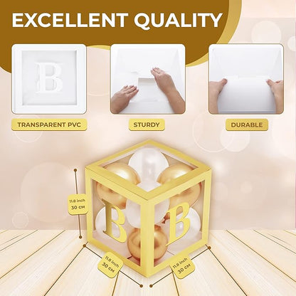 Baby Shower Boxes with Letters – Gold Boxes with Gold & White Balloons – 44-Piece Gender Reveal & Party Decoration Set by Vellax