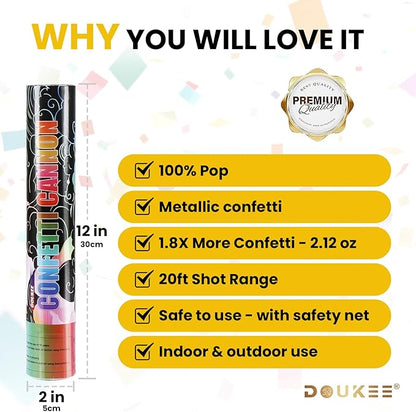 Biodegradable Confetti Cannon Poppers, DOUKEE Multicolor Confetti Shooter, Party Popper 2PK for Celebration, Birthday, Graduation, New Year's Eve Party