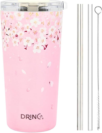 Drinco - 20 oz Stainless Steel Tumbler | Double Walled Vacuum Insulated Mug With Lid, 2 Straws, For Hot & Cold Drinks (20oz Sakura)