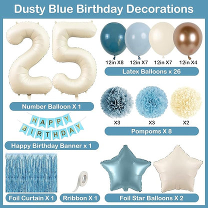 Dusty Blue 25th Birthday Party Decorations for Her Him Beige Cream Number 25 Balloon with Blue Gold Happy Birthday Banner Fringe Curtain Paper Pom Poms Nude White Sand Champagne Star Foil Balloons