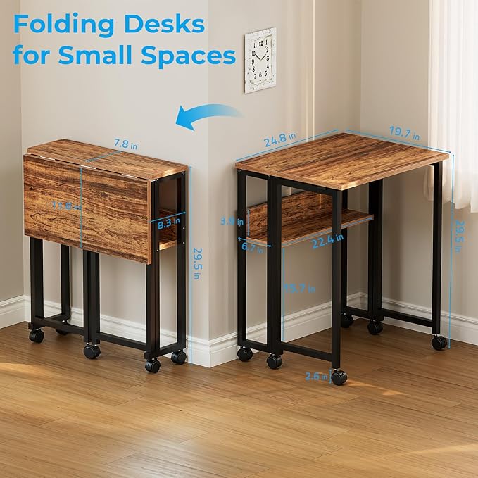 GreenForest Folding Desk Small Rolling Desk with Storage Shelf, 24.8 inch Foldable Computer Desk with Wheels for Small Space, Easy Assembly,Walnut