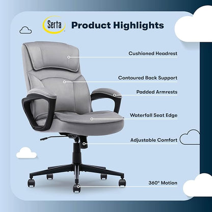 Serta Comfort Classic Executive Office Chair, Ergonomic Mid-Back Computer DeskChair with Lumbar Support, Semi-Plush Cushion and Body Pillows, Padded Armrests, Swivel Base, Gray Velvet Fabric