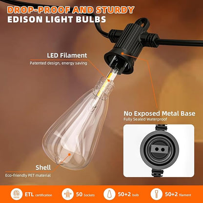 Kawaya Outdoor String Lights 100 FT LED Patio Light - 50+2 Shatterproof Vintage Edison Bulbs - 2700K Dimmable IP65 Waterproof Outside Hanging Lighting for Yard Porch Deck Balcony Bistro Cafe Party