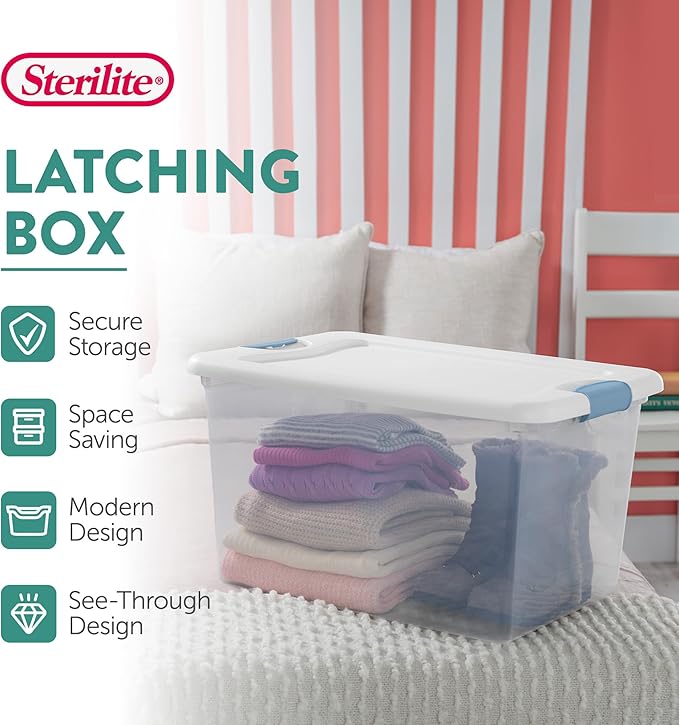 Sterilite 12-Pack 64 Quart Latching Box, Clear Plastic Storage Organizer Bins with White Lids - Large Stackable Containers for Home Bedroom, Dorm Room, and Closet Organization