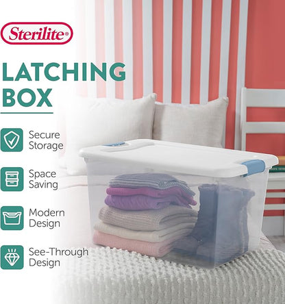 Sterilite 12-Pack 64 Quart Latching Box, Clear Plastic Storage Organizer Bins with White Lids - Large Stackable Containers for Home Bedroom, Dorm Room, and Closet Organization
