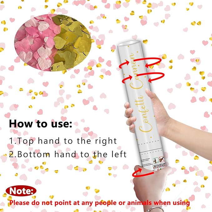 16" Confetti Cannons with Pink & Gold Heart Filling - Party Poppers for Gender Reveal Baby Shower Bridal Shower Valentine Wedding Anniversary - Easy to Use - Pack of 2
