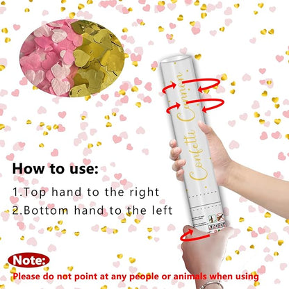 16" Confetti Cannons with Pink & Gold Heart Filling - Party Poppers for Gender Reveal Baby Shower Bridal Shower Valentine Wedding Anniversary - Easy to Use - Pack of 2