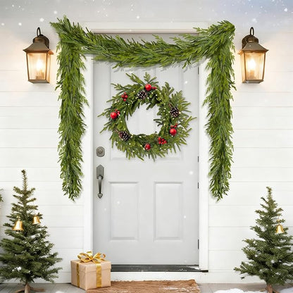 9FT Christmas Garland Norfolk Pine Garland Real Touch Faux Greenery Cedar Garlands for Mantle,Table,Wall,Christmas Decorations Indoor Outdoor