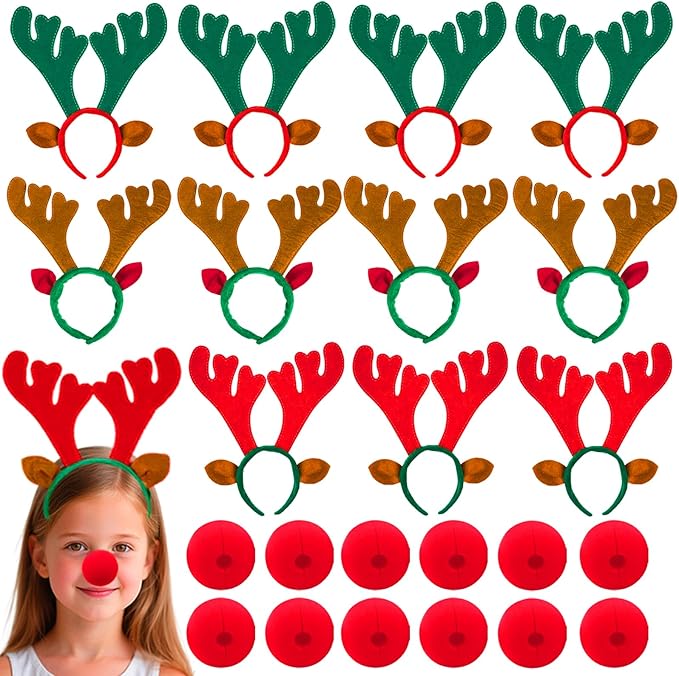 12 Pcs Christmas Reindeer Headbands and 12 Pcs Reindeer Red Nose, 3 Assorted Color Funny Cute Xmas Deer Hairbands with reindeer ears for Christmas Party Favors Family Holiday
