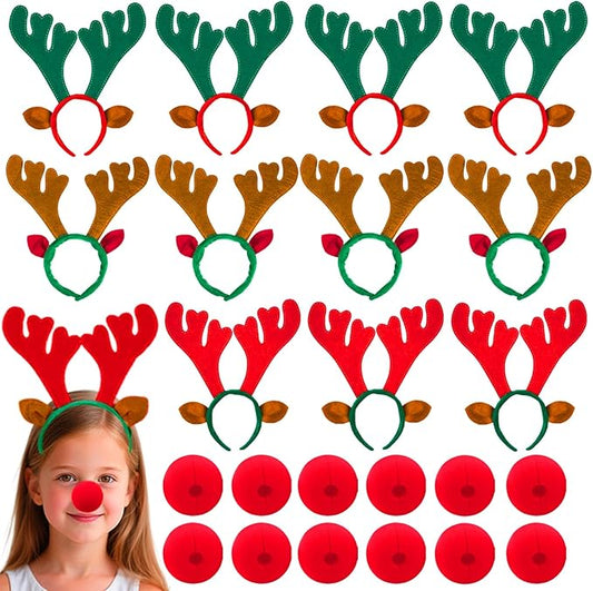 12 Pcs Christmas Reindeer Headbands and 12 Pcs Reindeer Red Nose, 3 Assorted Color Funny Cute Xmas Deer Hairbands with reindeer ears for Christmas Party Favors Family Holiday