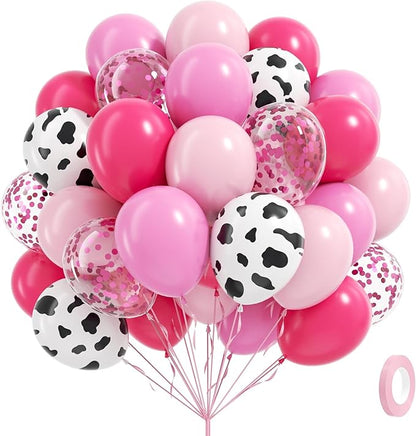 60pcs Cowgirl Balloons, Hot Pink Light Pink Confetti Cow Print Latex Balloons for Farm Cowgirl Bridal Shower Bachelorette Birthday Party Decorations