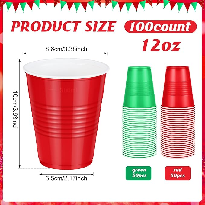 100 Pcs Red and Green Christmas Plastic Cups 12 oz, Bulk Green and Red Disposable Xmas Party Cups for Merry Christmas Holiday Wedding Birthday Theme Party Supplies Decorations
