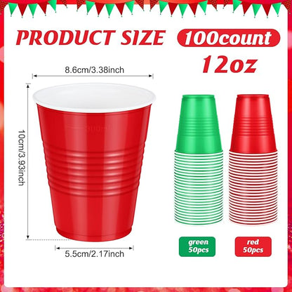 100 Pcs Red and Green Christmas Plastic Cups 12 oz, Bulk Green and Red Disposable Xmas Party Cups for Merry Christmas Holiday Wedding Birthday Theme Party Supplies Decorations