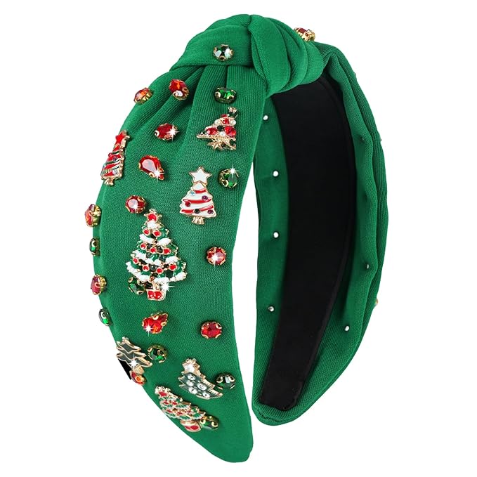 Christmas Headbands for Women, Green Knotted Jeweled Crystal Xmas Headband with Xmas Tree and Rhinestones - Christmas Gifts for Women, Holiday Hair Accessories for Xmas Outfits