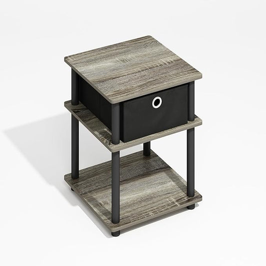 Furinno Turn-N-Tube 3-Tier End Table with Storage Bin, Grey Oak/Black/Black