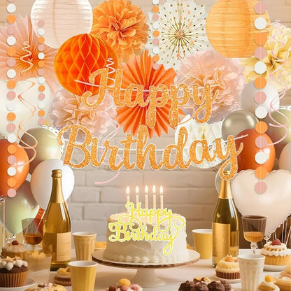 Orange-Peach Fall Boho Birthday Party Decorations - 62pcs Happy Birthday Banner, Beige Rustic Paper Lanterns, Streamers, Tissue Pom Poms, Burnt Orange Apricot Party Balloons, Fall Backdrop Decor