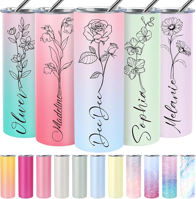 Personalized 20 Oz Stainless Steel Skinny Tumblers with Birth Flower & Name, 24 Colors - Perfect for Birthdays, Anniversaries, and More