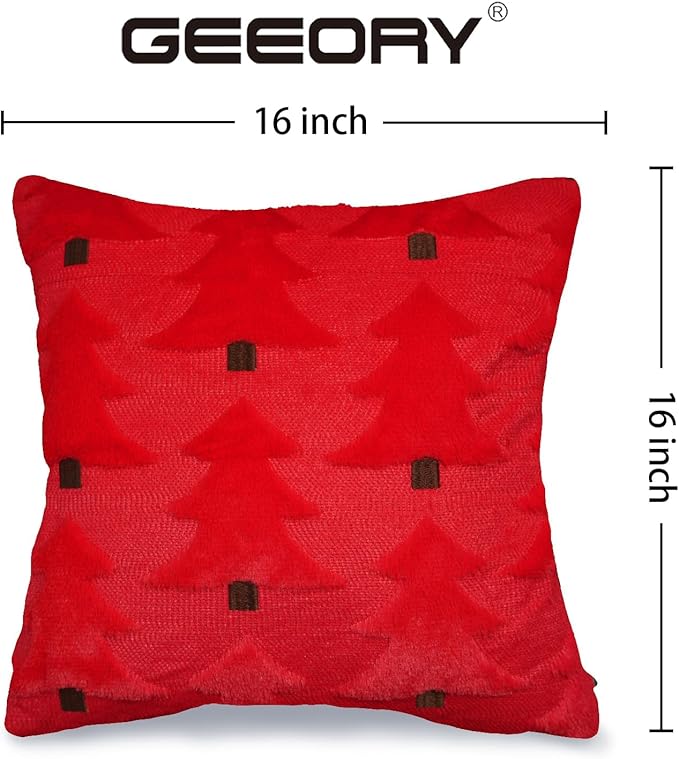 GEEORY Christmas Pillow Covers 16x16 Inch Set of 2, Christmas Decorations Xmas Tree Soft Plush Fluffy Faux Fur Decorative Throw Pillows Farmhouse Winter Cushion Case Red Brown GC035-16