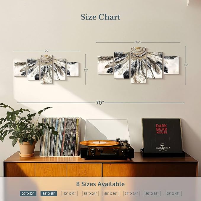 ElephantStock - Necklace Of Feathers Iii Wall Art - Horizontal Multi Panel Canvas - 5 Piece Living Room Wall Decor - Painting Multi Piece Wall Art - Brown And Gray Decor by Eva Watts - 36" x 15"